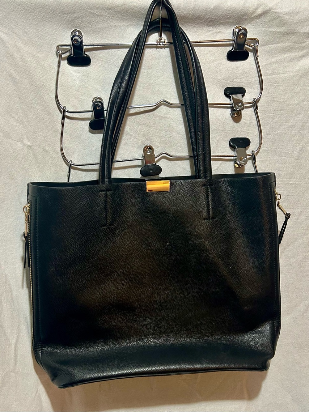 Black Pebbled Leather Tote Bag Gold Hardware Side Zip Pocket Structured Work Bag